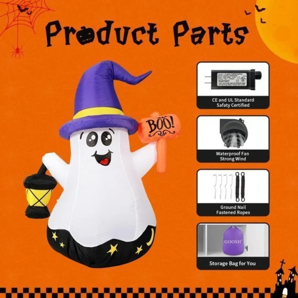 Home Decor 5 Foot Halloween Inflatable White Wizard Ghost‎ with Hand Held Light